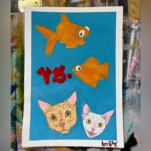 [Opps tea spill mark] Fish VS Cats original art gouche illustration